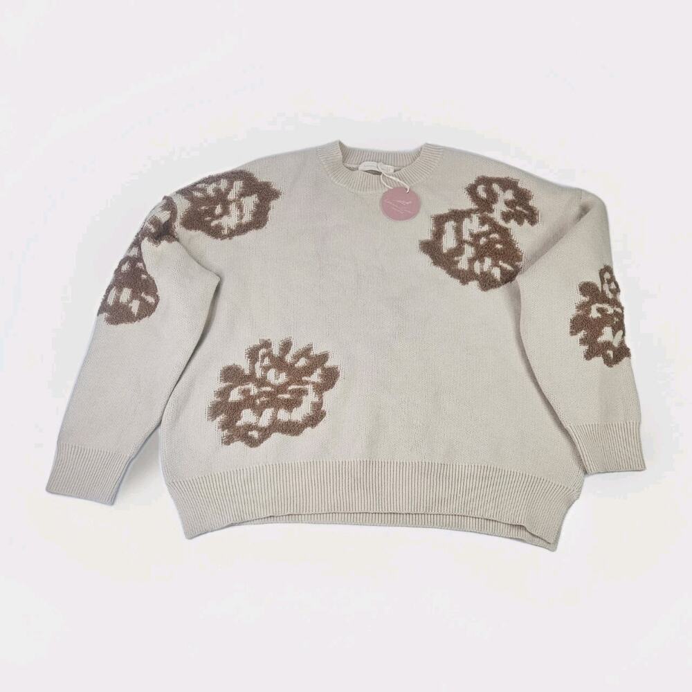 NWT Intarsia Floral Knitted Oversized Sweater Large Cream Brown Flowers